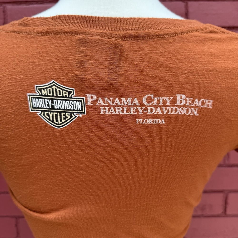 Harley Davidson Motorcycles Ride Free Shirt Womens Size Small Orange Tire Wings - Picture 5 of 7